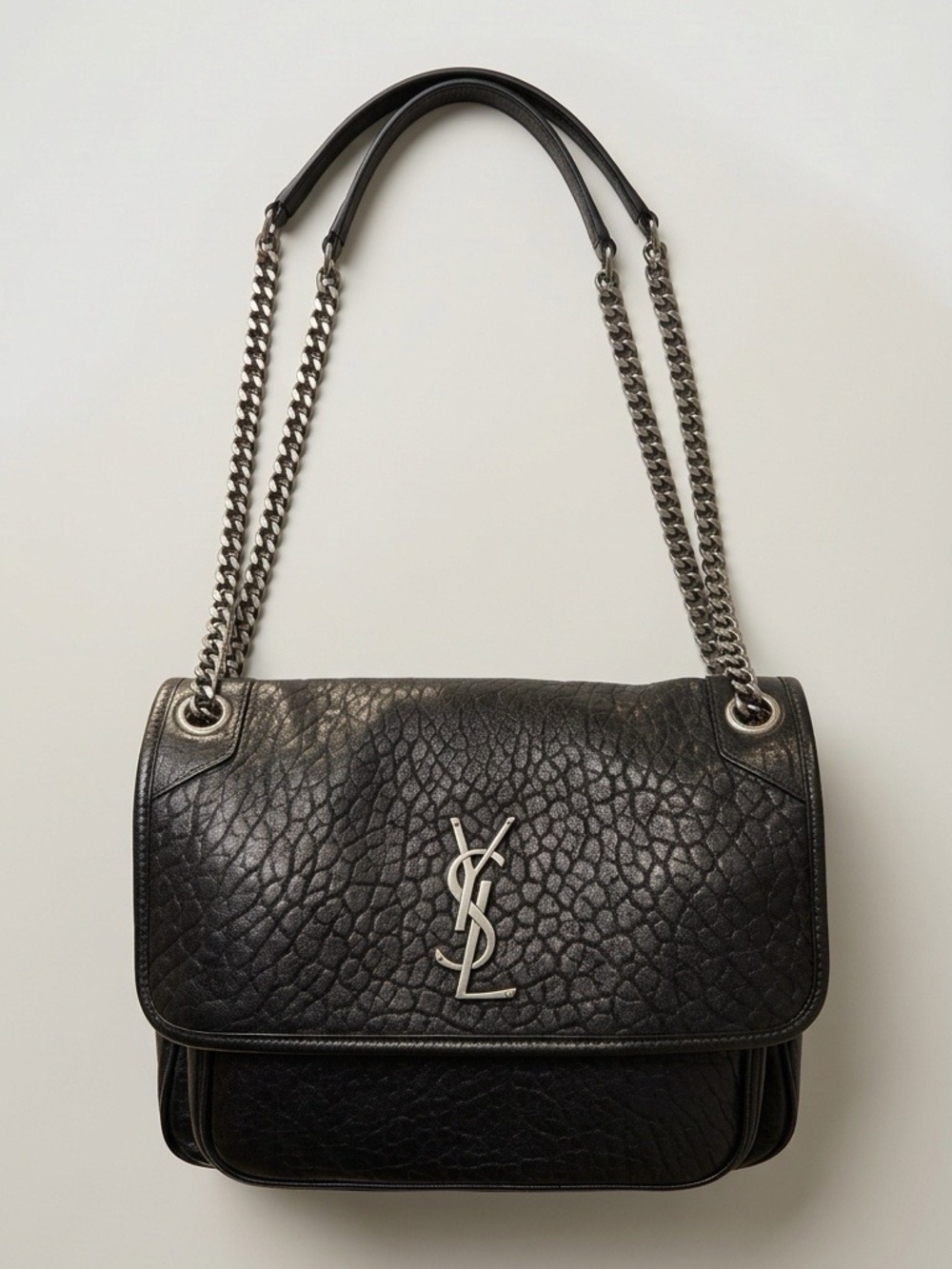 Saint Laurent Grained Lambskin Monogram Medium Niki Chain Satchel Black